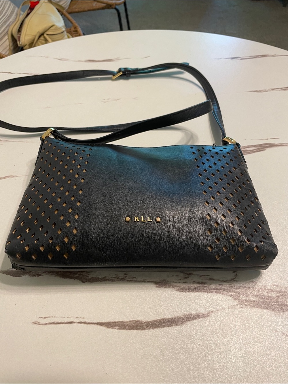 Ralf Lauren R.L.L Black Perforated veganLeather Crossbody with Gold Hardware.